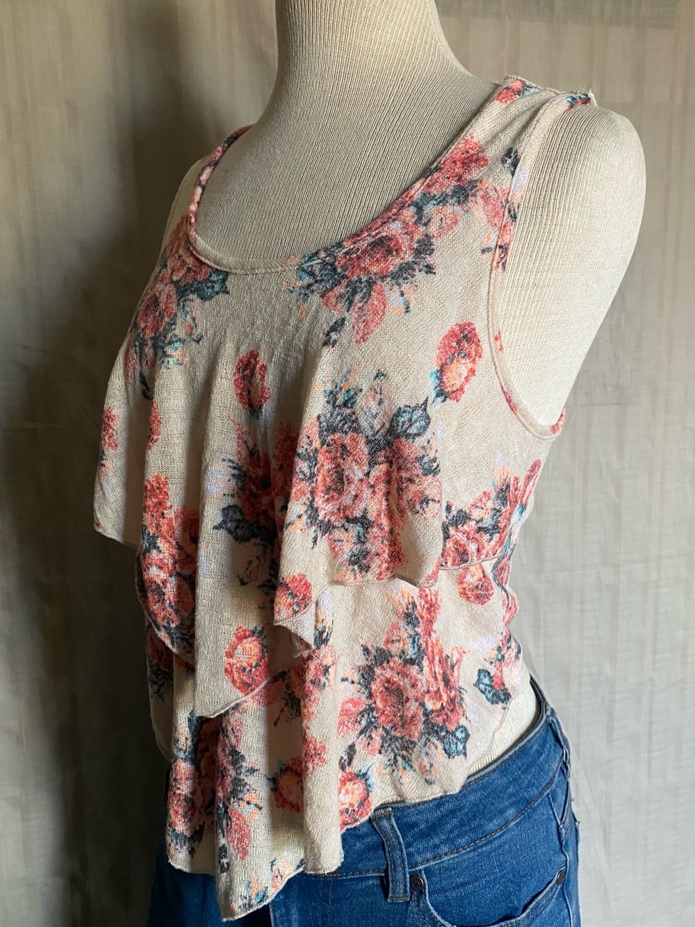 January 7 Cream Top with Coral Floral Ruffle Design & Beautiful Back